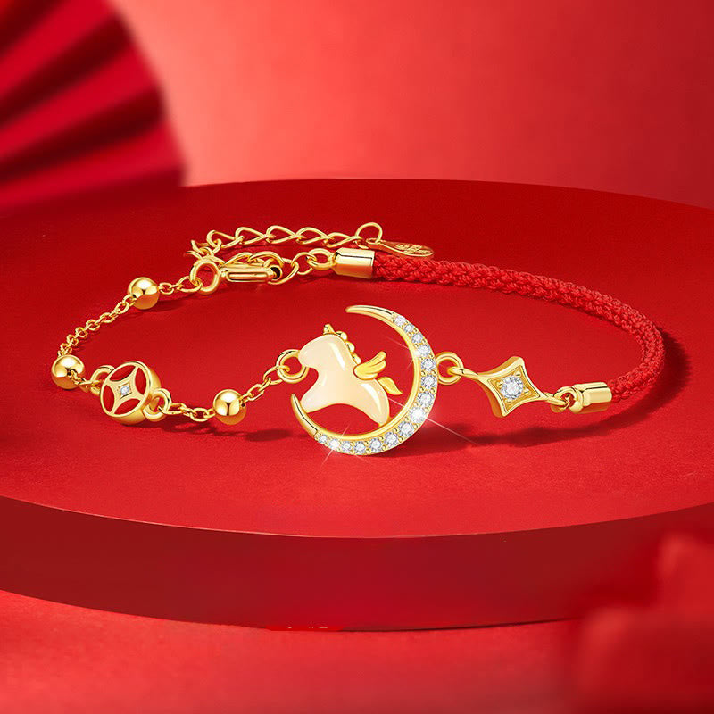 Buddha Stones和田翡翠 午年 925スターリングシルバー ジルコン 豊穣 レッドロープブレスレット - 馬と925スターリングシルバーと赤紐（手首周り14～18cm） - image 0