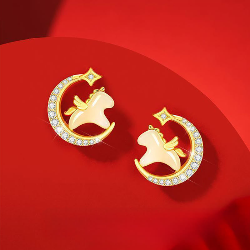 Buddha Stones午年 和田翡翠 925スターリングシルバー 月 ジルコン 豊穣 イヤリング - 翡翠＆925スターリングシルバー＆ジルコン（925スターリングシルバーポスト） - image 0