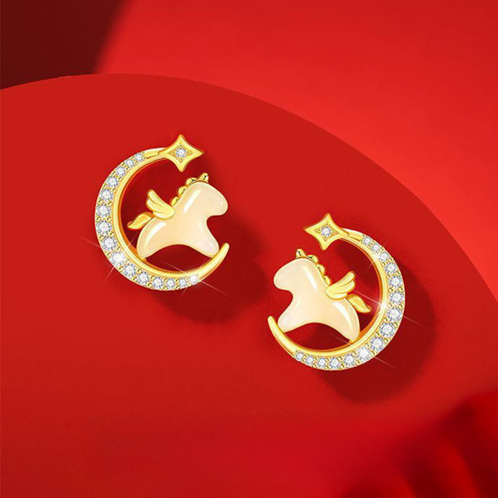 Buddha Stones午年 和田翡翠 925スターリングシルバー 月 ジルコン 豊穣 イヤリング - 翡翠＆925スターリングシルバー＆ジルコン（925スターリングシルバーポスト） - image 0