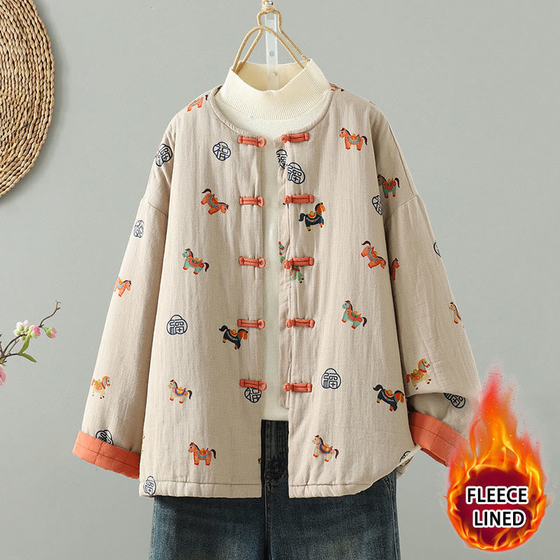 Buddha Stones馬福キャラクター柄カエルボタンデザインレディースコットン長袖厚手ジャケット - パパイヤホイップ - US8-10，UK/AU12-14，EU40-42 (2XL) - image 0