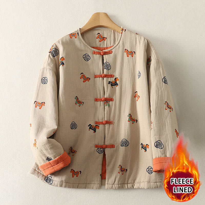 Buddha Stones馬福キャラクター柄カエルボタンデザインレディースコットン長袖厚手ジャケット - image 2