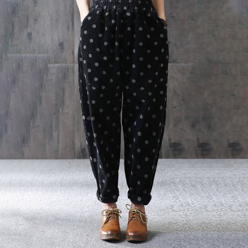 Buddha Stonesレディース 秋冬通勤プリント ドット柄 コーデュロイ ハーレムパンツ ポケット付き - image 8