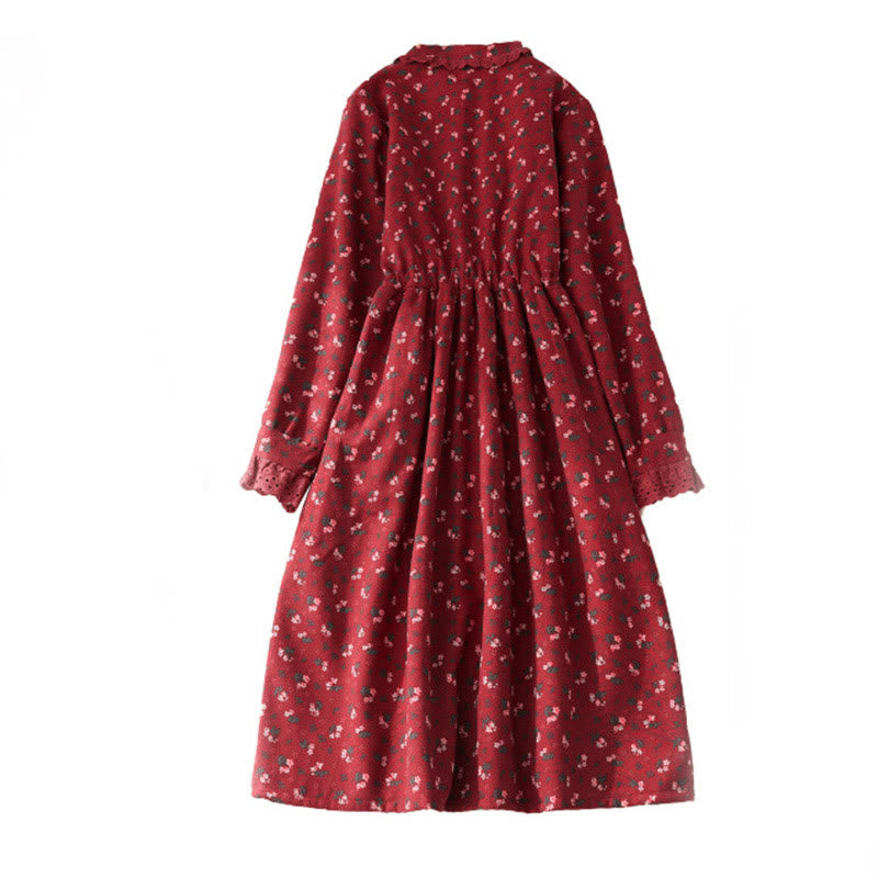 Buddha Stonesの花柄レースパッチワークデザイン長袖コーデュロイミディドレス（ポケット付き） - image 3