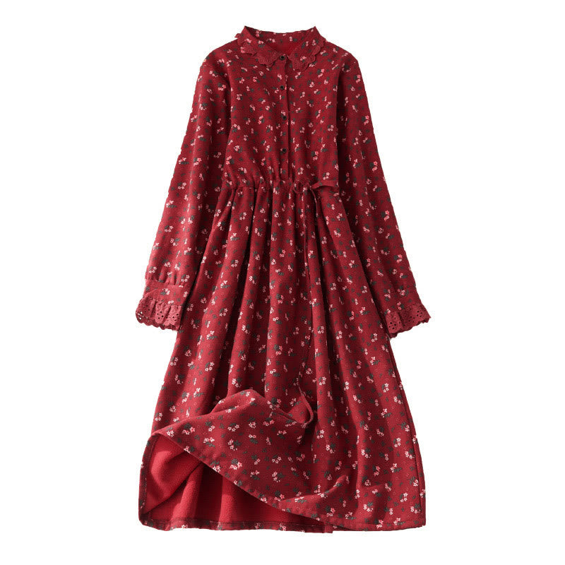 Buddha Stonesの花柄レースパッチワークデザイン長袖コーデュロイミディドレス（ポケット付き） - image 2