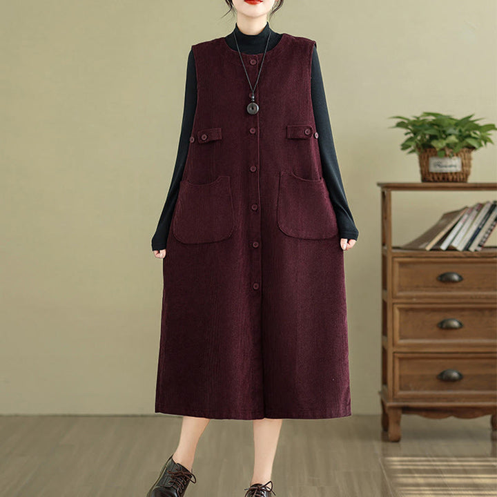 Buddha Stonesピュア コロ ボタン ノースリーブ ミディドレス ポケット付き - image 18