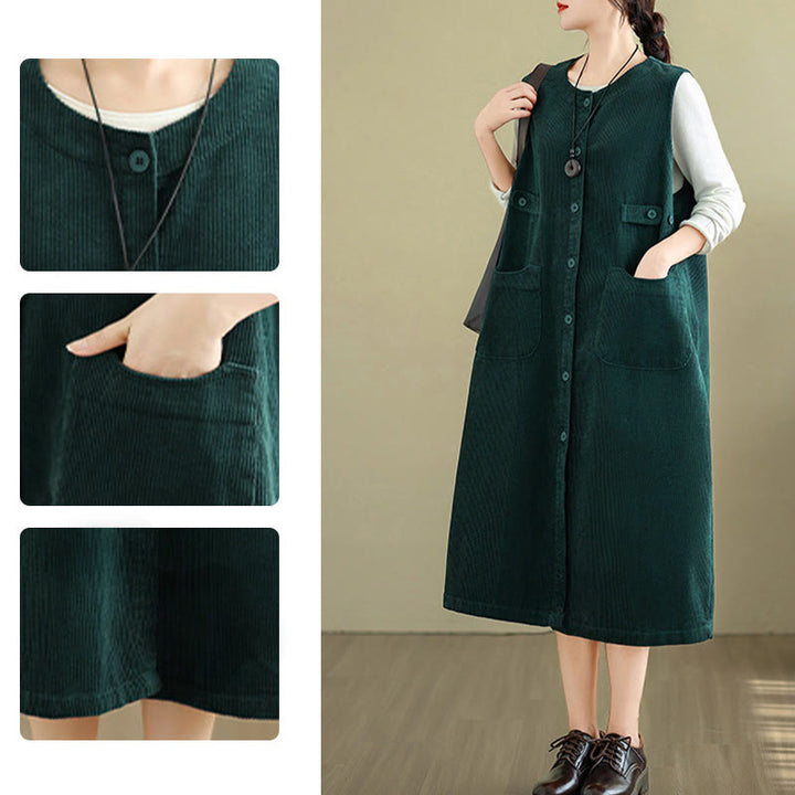 Buddha Stonesピュア コロ ボタン ノースリーブ ミディドレス ポケット付き - image 12