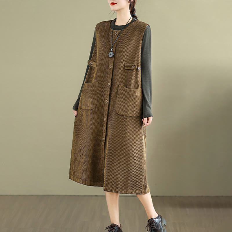 Buddha Stonesピュア コロ ボタン ノースリーブ ミディドレス ポケット付き - image 1