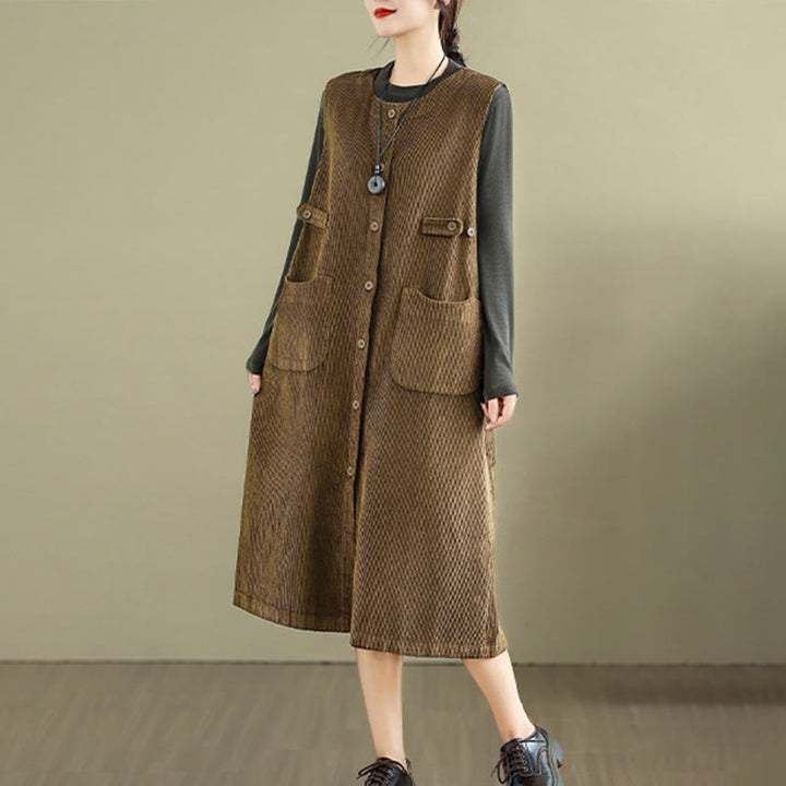 Buddha Stonesピュア コロ ボタン ノースリーブ ミディドレス ポケット付き - image 1