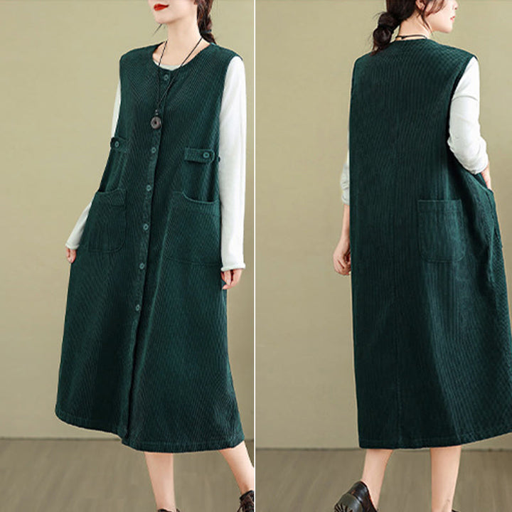 Buddha Stonesピュア コロ ボタン ノースリーブ ミディドレス ポケット付き - image 10