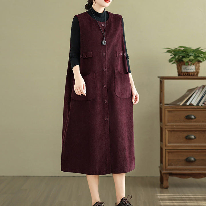 Buddha Stonesピュア コロ ボタン ノースリーブ ミディドレス ポケット付き - image 17