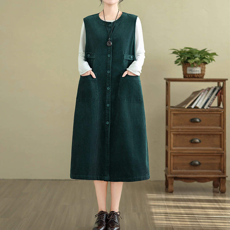 Buddha Stonesピュア コロ ボタン ノースリーブ ミディドレス ポケット付き - image 8