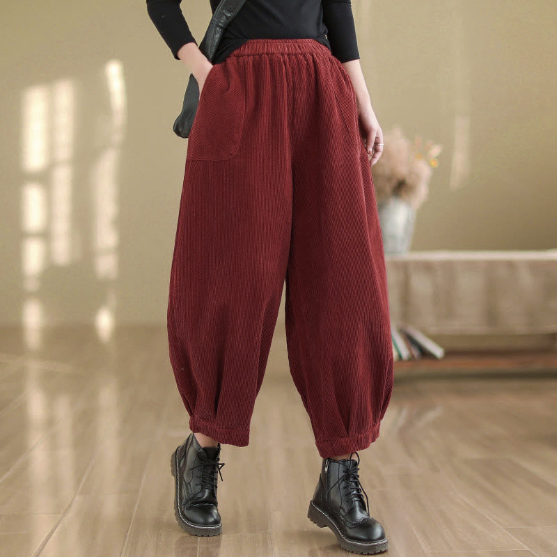 Buddha Stones無地 伸縮性ウエストバンドデザイン レディース コーデュロイ ハーレムパンツ ポケット付き - ファイアブリック - US8-10，UK/AU12-14，EU40-42 (2XL) - image 12