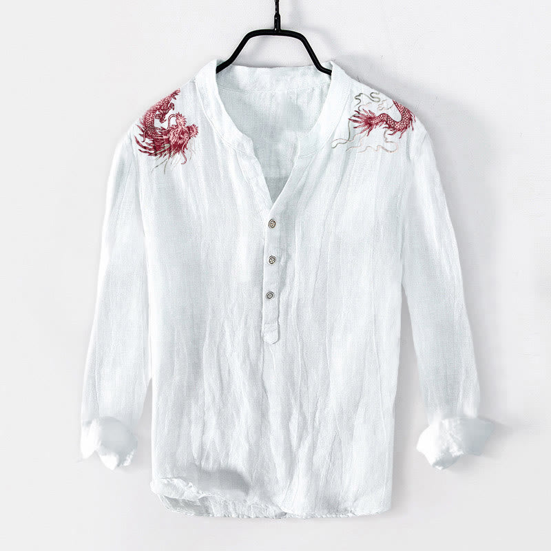 Buddha Stones赤龍柄 ハーフボタン メンズ コットンリネン 長袖シャツ - 白 - US/UK/AU50、EU60 (5XL) - image 3