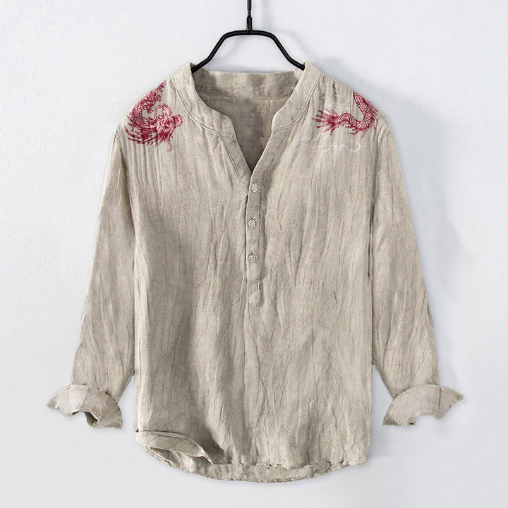 Buddha Stones赤龍柄 ハーフボタン メンズ コットンリネン 長袖シャツ - リネン - US/UK/AU50、EU60 (5XL) - image 6