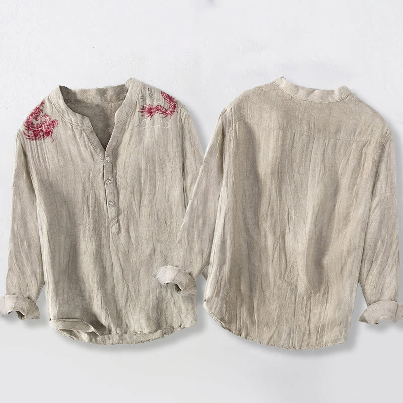 Buddha Stones赤龍柄 ハーフボタン メンズ コットンリネン 長袖シャツ - image 8