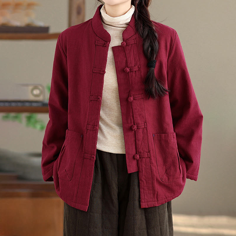 Buddha Stonesレディース 無地 コットンパッド ボタンデザイン 長袖 サーマルジャケット ポケット付き - image 1