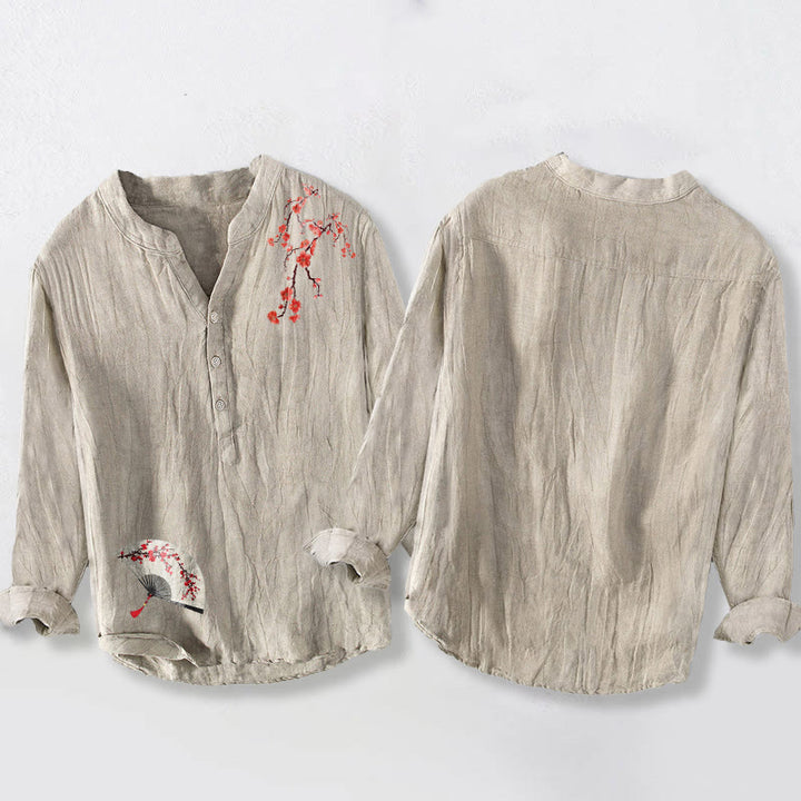Buddha Stonesと梅の花、扇子柄の半ボタンメンズコットンリネン長袖シャツ - image 2