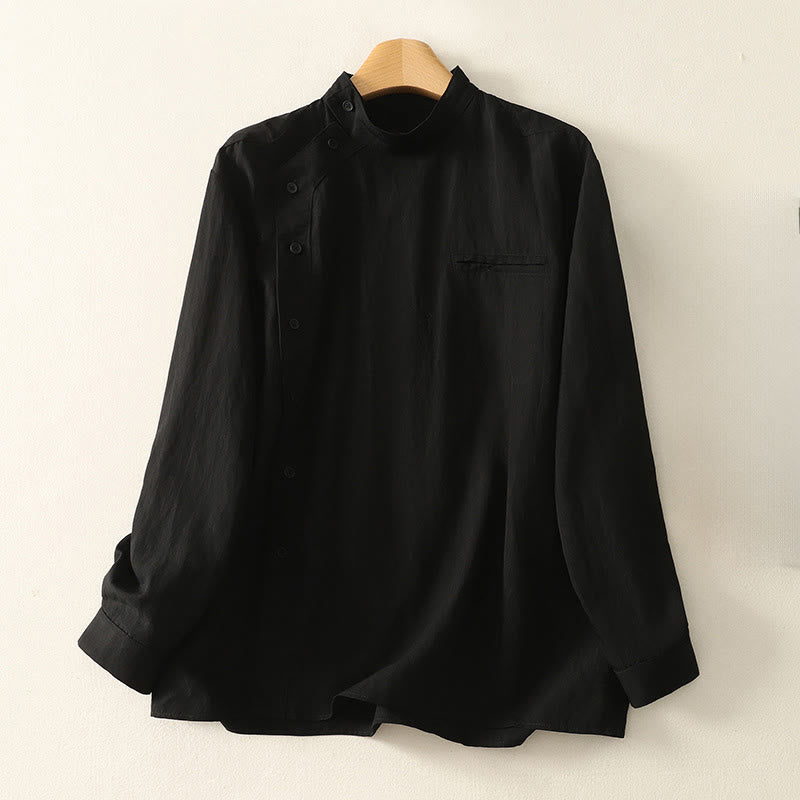 Buddha Stones秋スタンドカラー中国風フロッグボタンシンプルデザイン長袖レディースコットンシャツ - 黒 - US8-10，UK/AU12-14，EU40-42 (2XL) - image 11