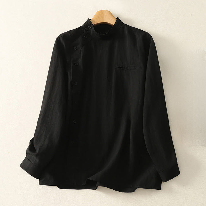 Buddha Stones秋スタンドカラー中国風フロッグボタンシンプルデザイン長袖レディースコットンシャツ - 黒 - US8-10，UK/AU12-14，EU40-42 (2XL) - image 11