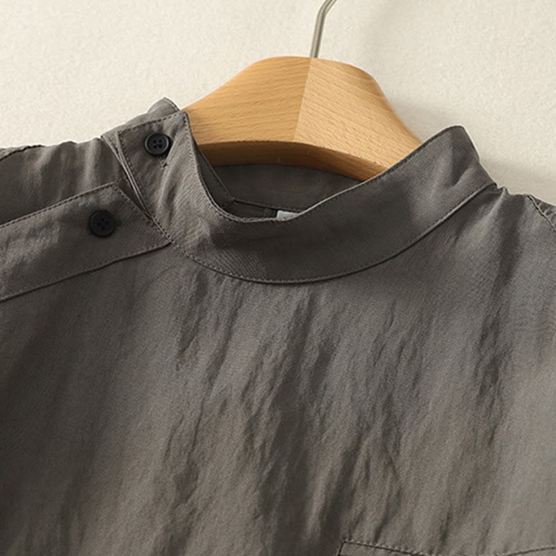 Buddha Stones秋スタンドカラー中国風フロッグボタンシンプルデザイン長袖レディースコットンシャツ - image 2