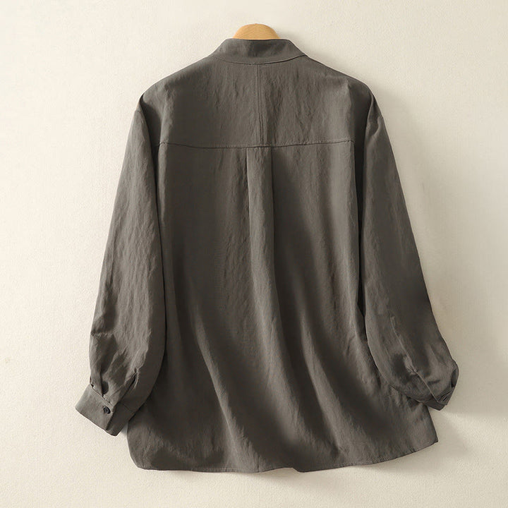 Buddha Stones秋スタンドカラー中国風フロッグボタンシンプルデザイン長袖レディースコットンシャツ - image 1