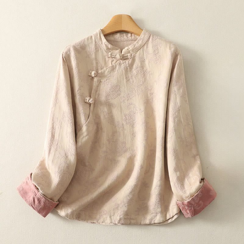 Buddha Stones春の無地ジャカードデザイン レディース コットン 禅 長袖シャツ - ブランチドアーモンド - US8-10，UK/AU12-14，EU40-42 (2XL) - image 5