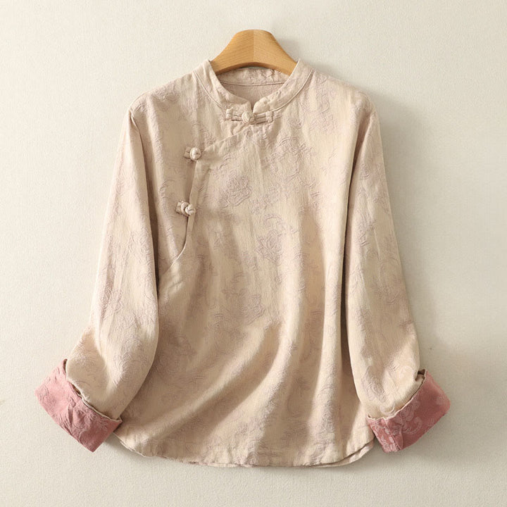 Buddha Stones春の無地ジャカードデザイン レディース コットン 禅 長袖シャツ - ブランチドアーモンド - US8-10，UK/AU12-14，EU40-42 (2XL) - image 5