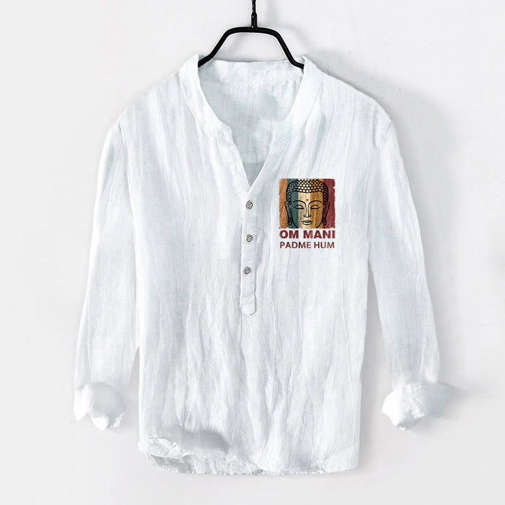 Buddha Stones OM MANI PADME HUM 仏陀柄 ハーフボタン メンズ コットンリネン 長袖シャツ - 白 - US/UK/AU50、EU60 (5XL) - image 6