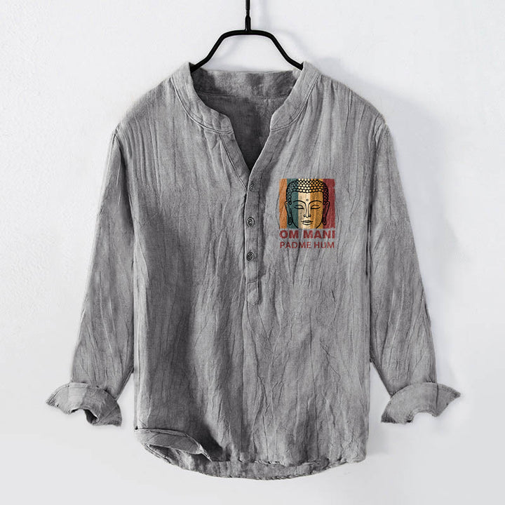 Buddha Stones OM MANI PADME HUM 仏陀柄 ハーフボタン メンズ コットンリネン 長袖シャツ - グレー - US/UK/AU50、EU60 (5XL) - image 3