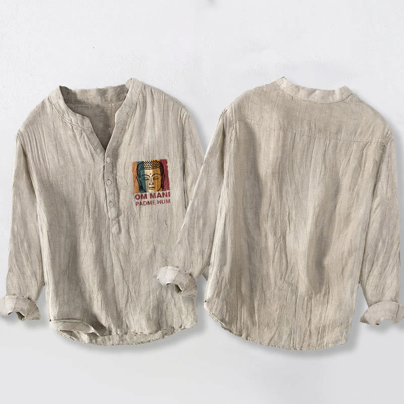 Buddha Stones OM MANI PADME HUM 仏陀柄 ハーフボタン メンズ コットンリネン 長袖シャツ - image 2
