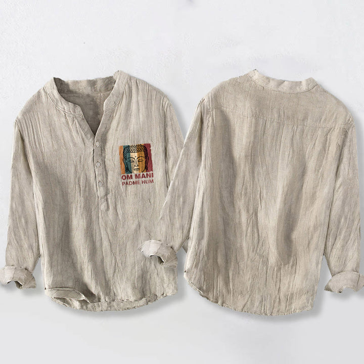 Buddha Stones OM MANI PADME HUM 仏陀柄 ハーフボタン メンズ コットンリネン 長袖シャツ - image 2