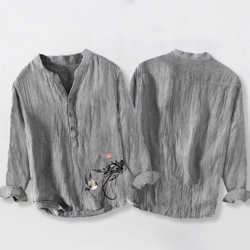 Buddha Stonesと日の出と鶴の枝模様のハーフボタンメンズコットンリネン長袖シャツ - image 5