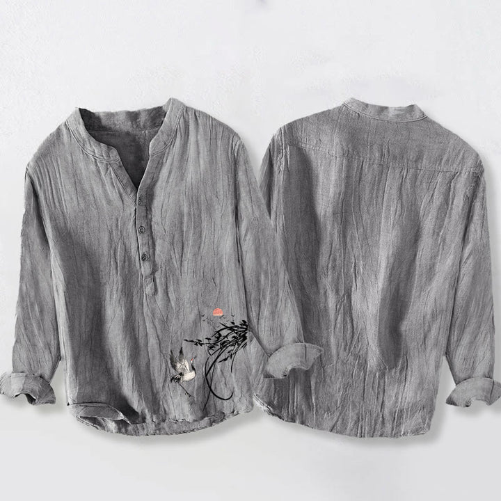 Buddha Stonesと日の出と鶴の枝模様のハーフボタンメンズコットンリネン長袖シャツ - image 5