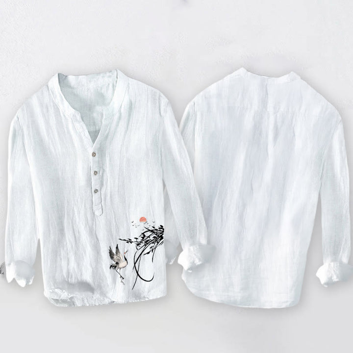 Buddha Stonesと日の出と鶴の枝模様のハーフボタンメンズコットンリネン長袖シャツ - image 8