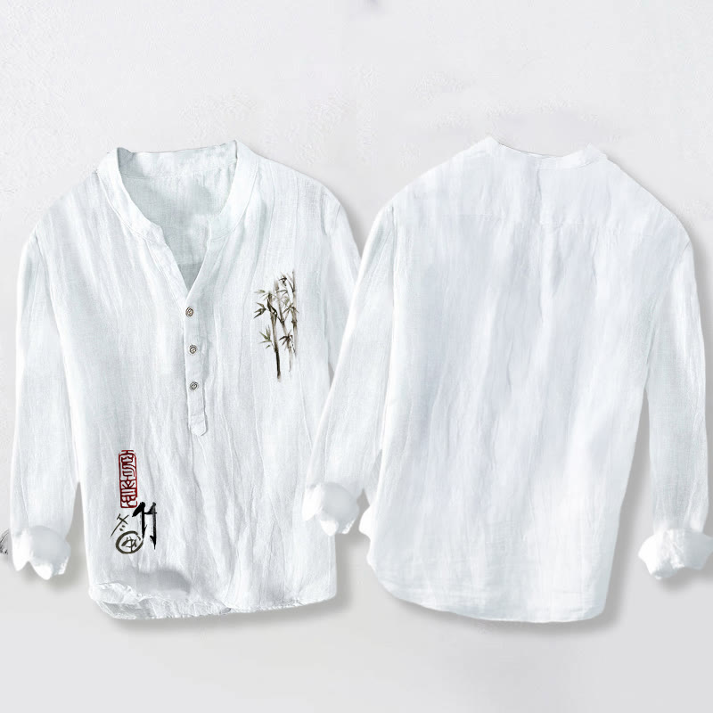 Buddha Stones赤印 竹の葉模様 半ボタン メンズ コットンリネン 長袖シャツ - image 8