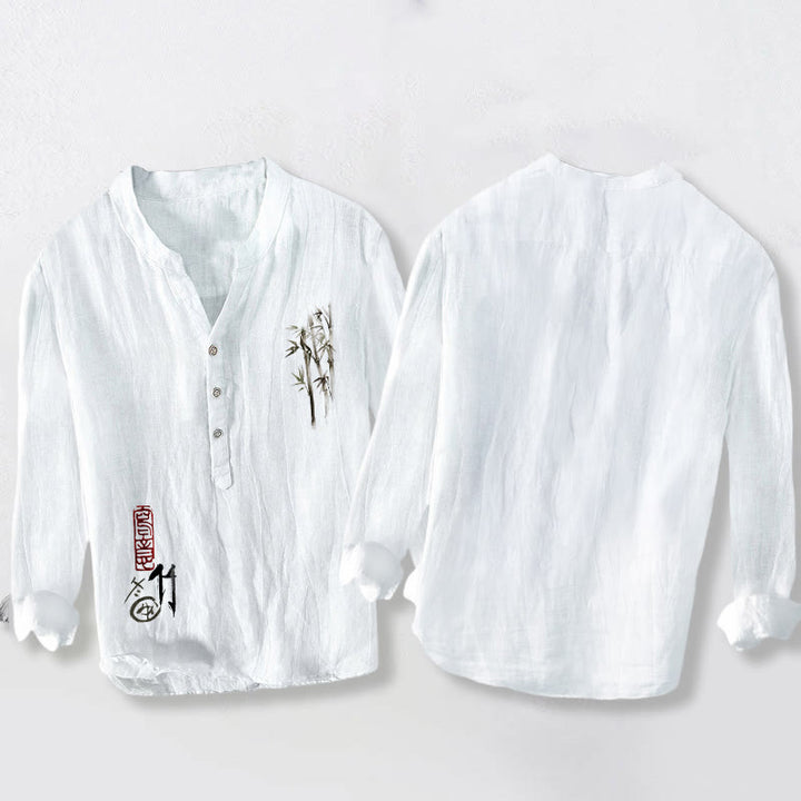 Buddha Stones赤印 竹の葉模様 半ボタン メンズ コットンリネン 長袖シャツ - image 8