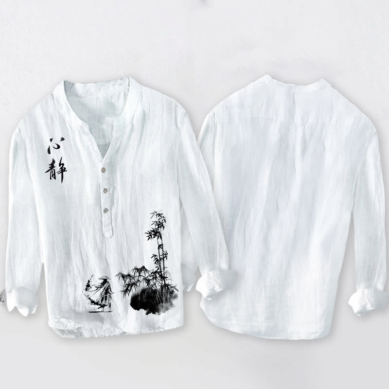 Buddha Stonesと竹の漢字剣士柄半ボタンメンズコットンリネン長袖シャツ - image 8