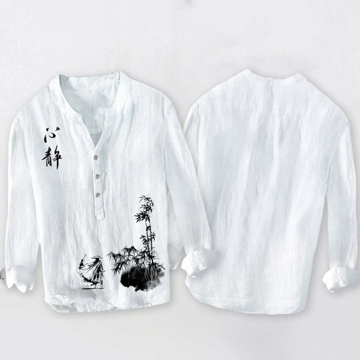 Buddha Stonesと竹の漢字剣士柄半ボタンメンズコットンリネン長袖シャツ - image 8