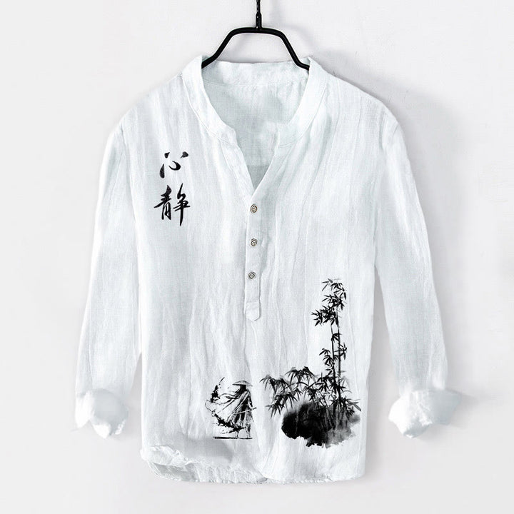 Buddha Stonesと竹の漢字剣士柄半ボタンメンズコットンリネン長袖シャツ - 白 - US/UK/AU50、EU60 (5XL) - image 6