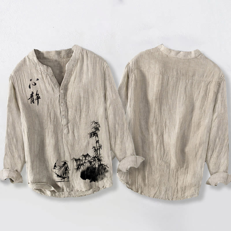 Buddha Stonesと竹の漢字剣士柄半ボタンメンズコットンリネン長袖シャツ - image 2