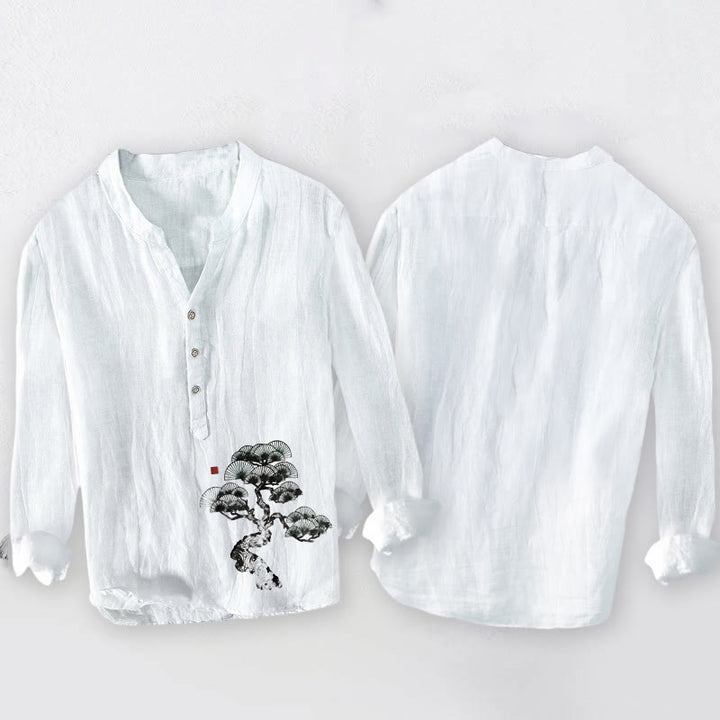 Buddha Stonesと松の木柄のハーフボタンメンズコットンリネン長袖シャツ - image 8