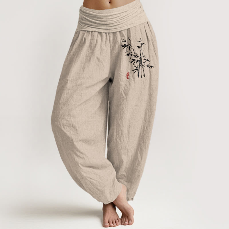 Buddha Stones カジュアル竹の葉柄レディース伸縮性ウエストハーレムコットンパンツ - タン - US16、 UK/AU20、 EU48 (3XL) - image 0