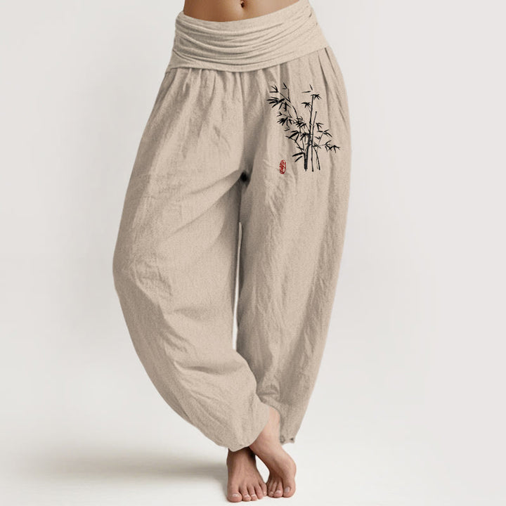 Buddha Stones カジュアル竹の葉柄レディース伸縮性ウエストハーレムコットンパンツ - タン - US16、 UK/AU20、 EU48 (3XL) - image 0
