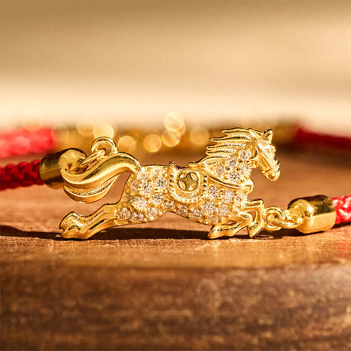 Buddha Stones中国十二支 馬年 925スターリングシルバー 金色赤紐幸運ブレスレット - image 3