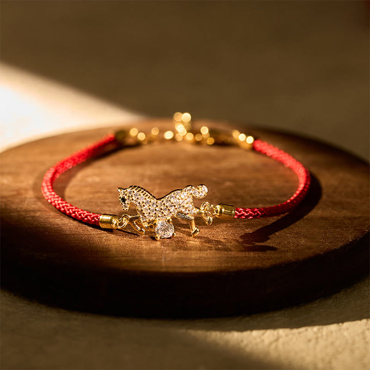 Buddha Stones925スターリングシルバー 黄金の午年赤紐幸運の調節可能ブレスレット - 馬（手首周り14～18cm） - image 0