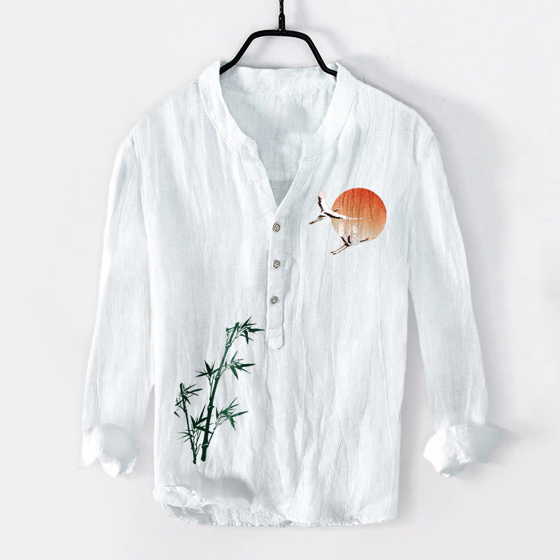 Buddha Stones、太陽、鶴、竹の葉柄、半ボタン、メンズコットンリネン長袖シャツ - 白 - US/UK/AU50、EU60 (5XL) - image 6