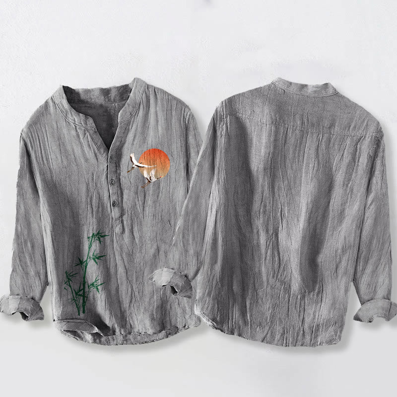Buddha Stones、太陽、鶴、竹の葉柄、半ボタン、メンズコットンリネン長袖シャツ - image 5