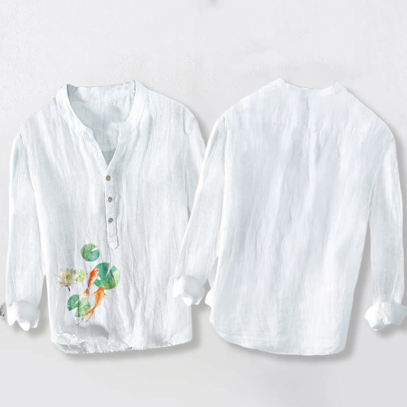 Buddha Stones、鯉、蓮の葉柄、ハーフボタン、メンズコットンリネン長袖シャツ - image 2