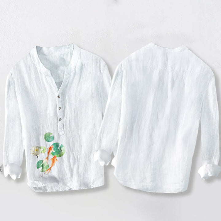 Buddha Stones、鯉、蓮の葉柄、ハーフボタン、メンズコットンリネン長袖シャツ - image 2