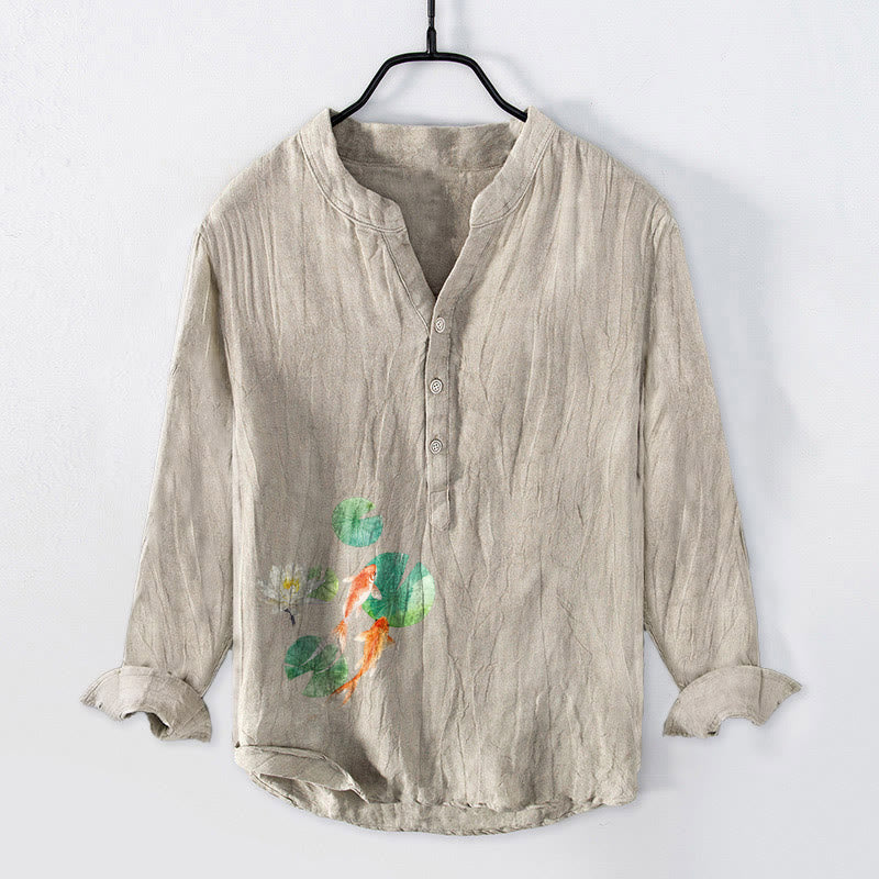 Buddha Stones、鯉、蓮の葉柄、ハーフボタン、メンズコットンリネン長袖シャツ - リネン - US/UK/AU50、EU60 (5XL) - image 3